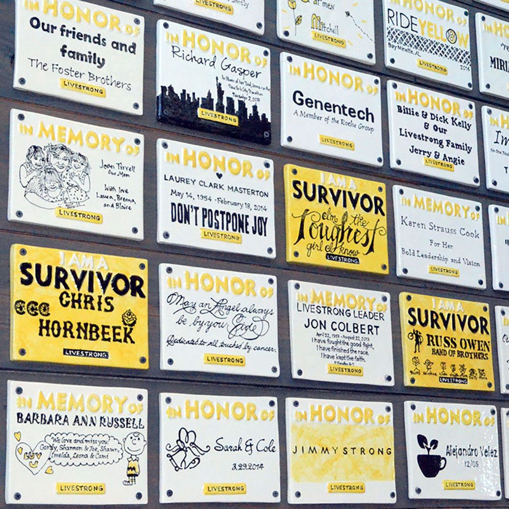 Tiles on wall giving tribute to those with cancer