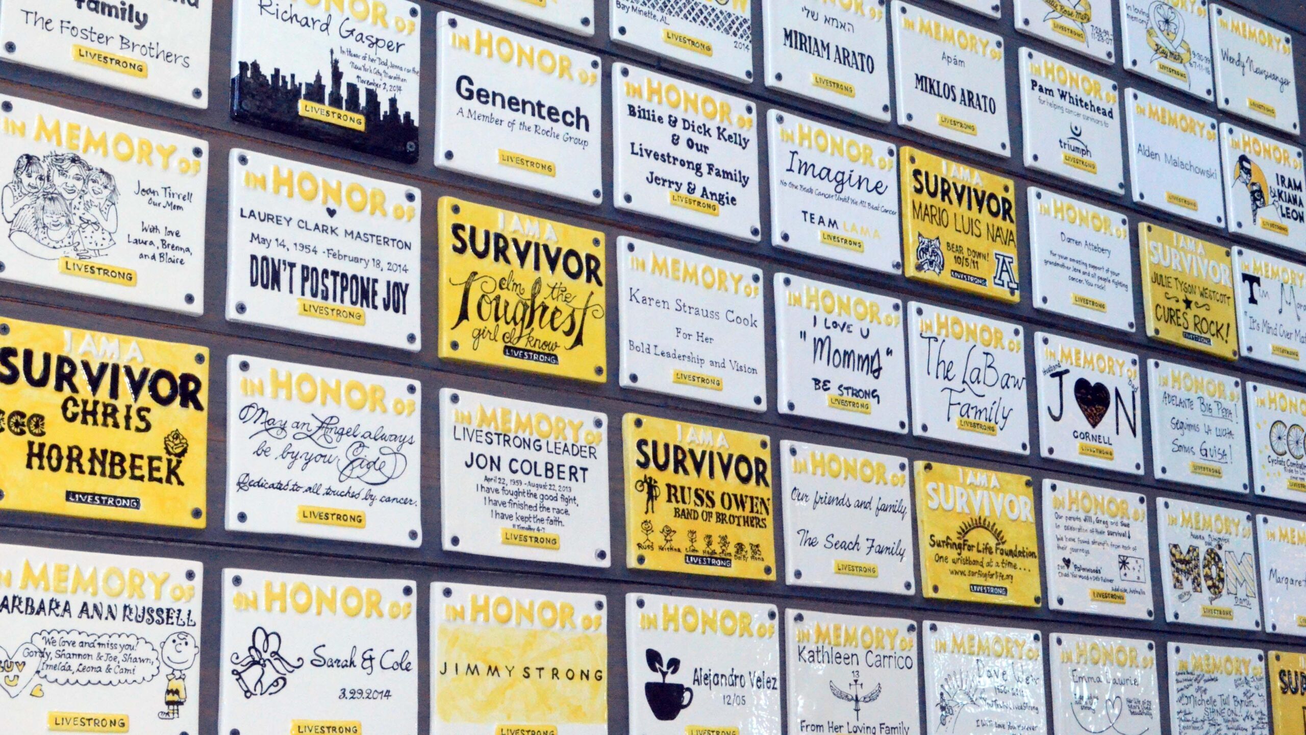 Livestrong tribute tiles on wall