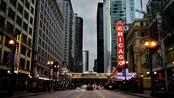 Downtown city with red Chicago sign