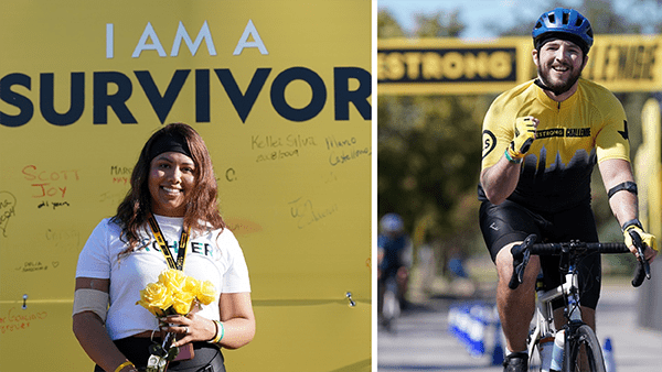 A young woman standing with yellow roses and a male cyclist crossing a finish line