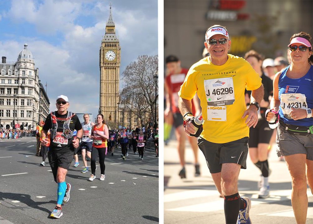 Two side by side photos of a man running marathons