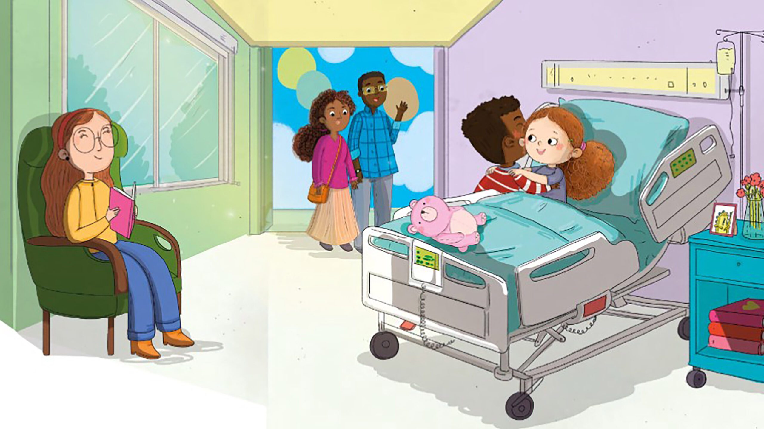 Art from a children's book - a boy hugs a girl in a hospital bed while their parents look on