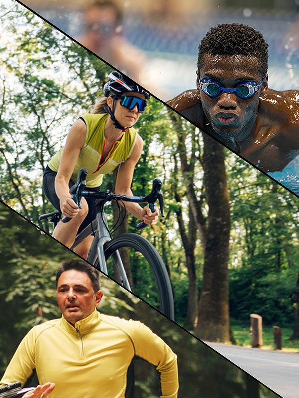 Image collage of triathletes- a make swimmer, a female cyclist and a male runner