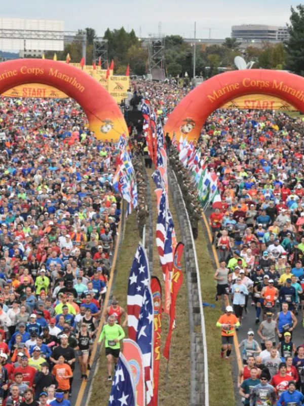 Aerial photo of a mass of runners at the Marine Corps Marathon start line