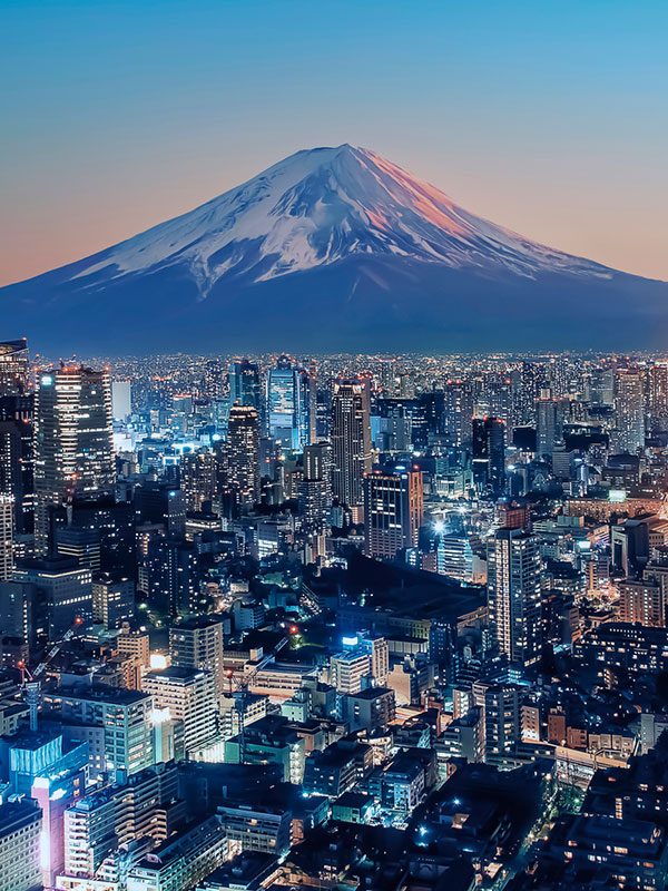 Aerial city view of Tokyo, Japan with Mount Fuji in the background